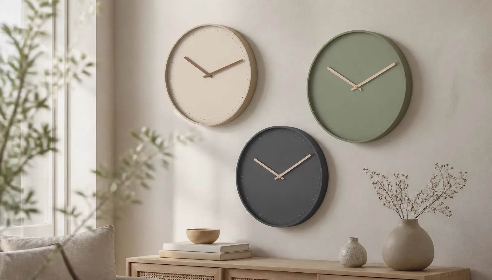 Tre minimalistiske vægure på en lys væg i et skandinavisk interiør