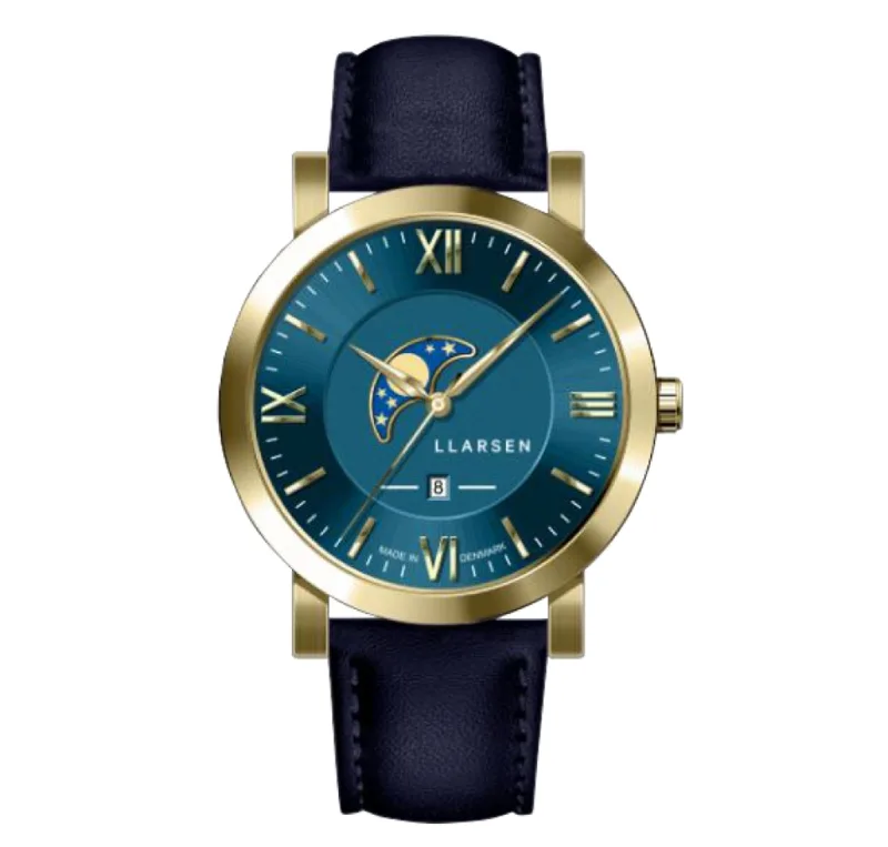 LLARSEN Hugo Gold Blue Leather Herreur med blå urskive