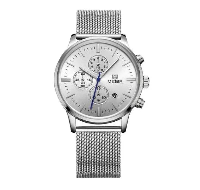 MEGIR Chronograf Silver Mesh Herreur med sølv urskive