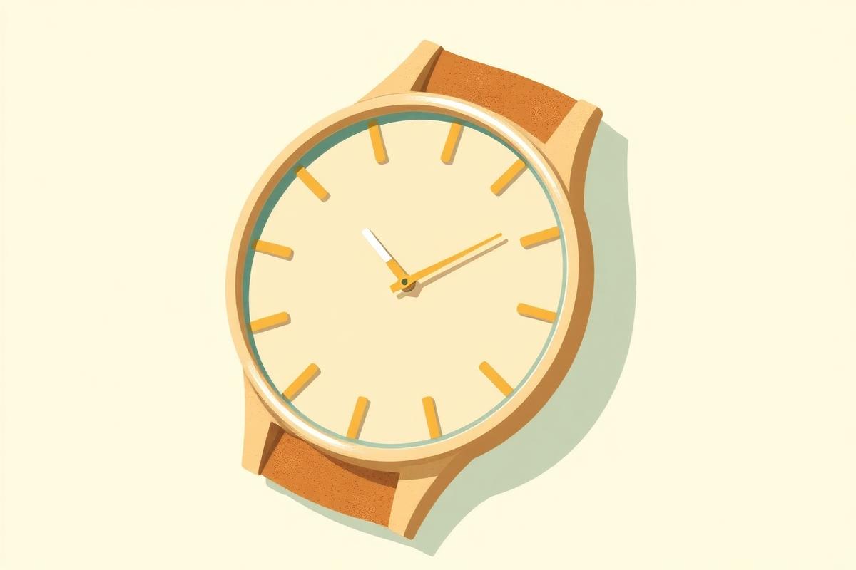 AI-genereret illustration af et fiktivt armbåndsur i flad, tegnet stil. Illustrationen viser ikke et konkret ur, der sælges.