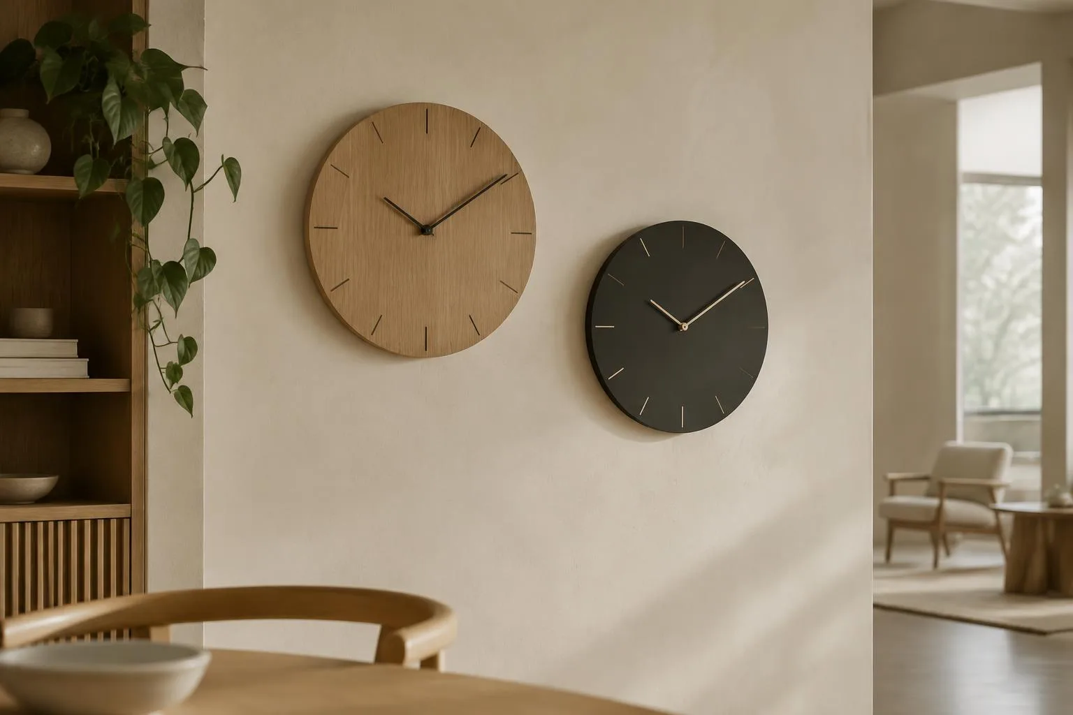 Andersen Furniture vægure i eg og sort på en lys væg